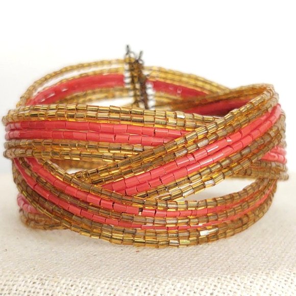 Gold and orange bugle bead memory wire cuff - Picture 5 of 10